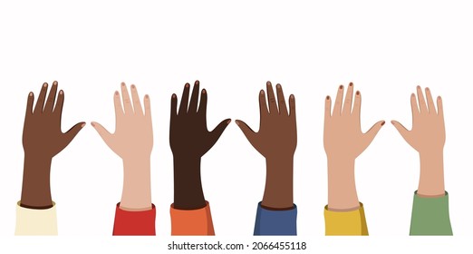 Set of hands raised up. Group of diverse human arms rising together. Concept of international community. Colored flat vector illustration isolated on white background