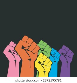 Set of hands raised up. Group of diverse human arms with accessories rising together. Concept of international volunteer community. Colored flat vector illustration isolated on white background