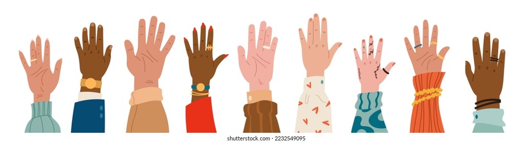 Set of hands raised up. International group of people from volunteer community raise arms together Palms of men and women with accessories. Cartoon flat vector collection isolated on white background