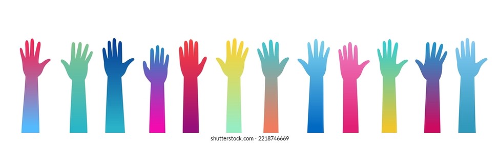Set of hands raised up. Multicolor gradient hands raised up. Teamwork, collaboration, voting, volunteering. Vector illustration