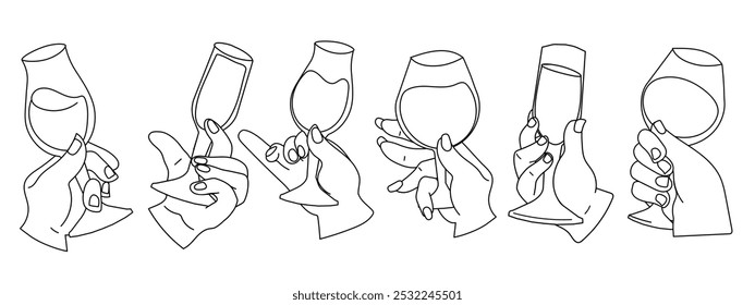 Set of hands raising champagne or wine glass. Holiday toast, celebration icon, line art vector illustration isolated on white background. Hands with glass of cognac, cocktail, alcoholic drink.