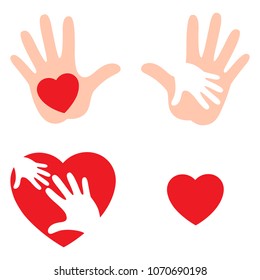 Set of hands raising love with heart, Heart on the open palm. Vector illustration isolated on white background