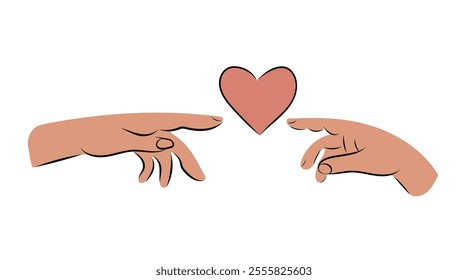 Set of hands reaching out to each other with heart in doodle style isolated human hands. Vector different man woman hands showing love sign, Valentine's Day