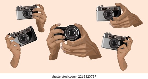 A set of hands with a retro camera. Vector illustration. Male and female hands hold the camera. The camera is made in brown and black colors on a white background. Realistic camera and hands.