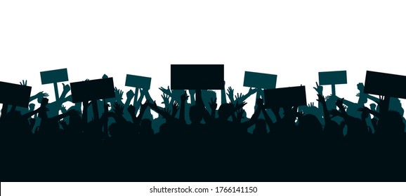 Set hands up revolution. Silhouettes of crowd of people with raised up hands and flags. Protest, revolution, strike, demonstration concept. Political, human rights protest, power and solidarity