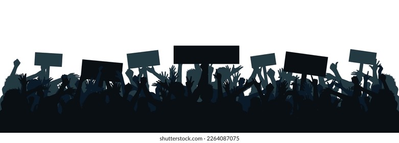 Set hands up revolution. Silhouettes of crowd of people with raised up hands and flags. Protest, revolution, strike, demonstration concept. Political, human rights protest, power solidarity