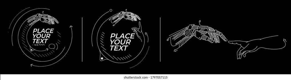 Set of Hands of Robot and Human hands touching with fingers, Virtual Reality or Artificial Intelligence Technology Concept - Hand Draw Sketch Design illustration.