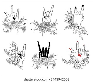 Set of hands in rock n roll sign in floral decoration, women hands with red and black polish, skeleton hand in rock n roll sign, hand drawn vector isolated illustration