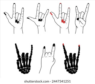 Conjunto de manos en roca n roll signo, manos de las mujeres con esmalte rojo y negro, mano esqueleto en roca n roll signo, dibujado a mano Vector ilustración aislada