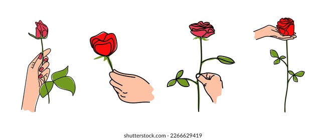 Juego de manos con flor de rosas. La mano humana sostiene la flor aislada sobre fondo blanco. Ilustración de la línea de dibujo manual. ilustración vectorial