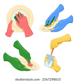 Set of hands in rubber gloves washing dishes vector isolated. Cleaning plates using sponge and brush. Bubbles from soap. Concept of housework, cleaning kitchen.