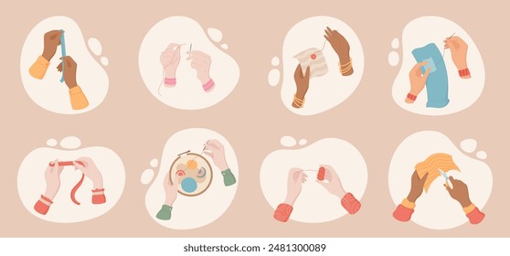 Set of hands sewing with needle and thread, embroidery hoop, tailor working, sewing kit tools. Includes needle, thread, tailor, sew, sewing. Cute cartoon style, flat vector design, hand illustration.