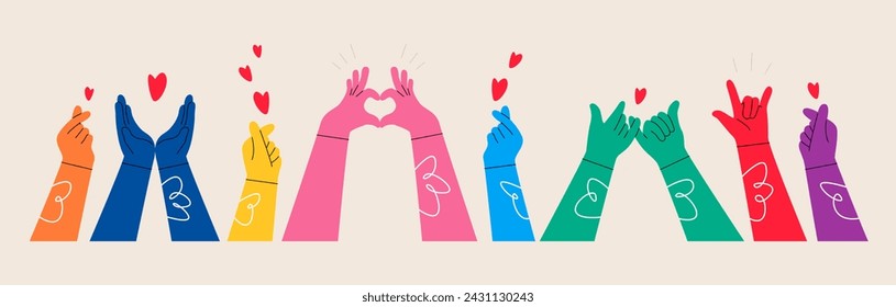 Set of hands show up with love. Give and share your love with people. Colorful vector illustration