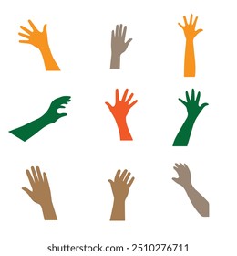 Set of hands showing different action isolated on a white background. Different gestures male and female hands vector illustration.