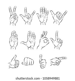 set of hands showing different gestures, signals and signs. vector illustration