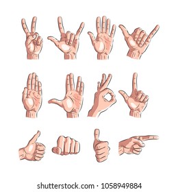 set of hands showing different gestures, signals and signs. vector illustration