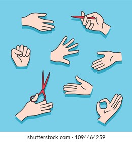 A set of hands showing different gestures.