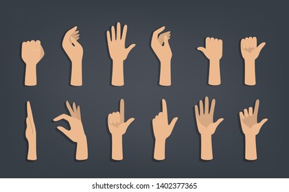 Set of hands showing different gestures. Palm pointing at something. Isolated flat vector illustration - Shutterstock ID 1402377365