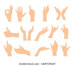 Set of hands showing different gestures isolated on a white background. Vector flat illustration of female and male hands. vector icon illustration