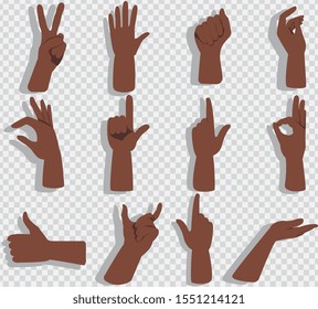 Set of hands showing different gestures isolated on a white background. Vector flat illustration of female and male hands