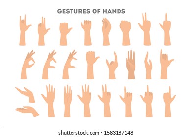 Set of hands showing different gestures. Palm pointing at something. Isolated flat vector illustration