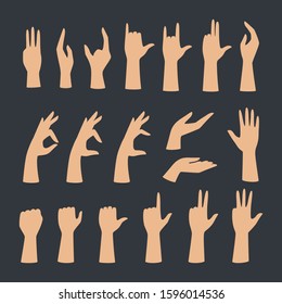 Set of hands showing different gestures. Palm pointing at something. Isolated flat vector illustration