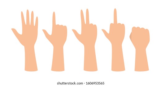 Set of hands showing different gestures. Palm pointing at something. Isolated flat vector illustration