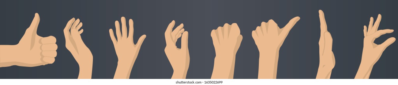 Set of hands showing different gestures. Thumb up. Isolated vector illustration