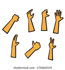 Set of hands showing different gestures. Palm pointing at something. hand drawn doodle style vector