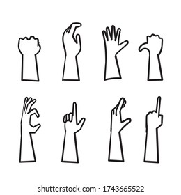 Set of hands showing different gestures. Palm pointing at something. hand drawn doodle style vector