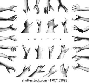 Set of hands showing different gestures. Design elements for web or presentation. 3D polygonal vector illustration.