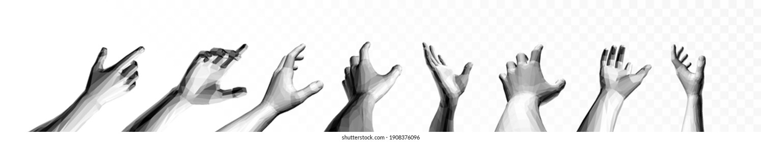 Set of hands showing different gestures. Design elements for web or presentation. 3D polygonal vector illustration.