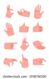 Set of hands showing different gestures in modern style. Vector flat cartoon illustration isolated on a white background.