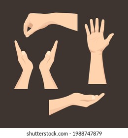 Set of hands showing different gestures. flat vector illustration in isolated background.