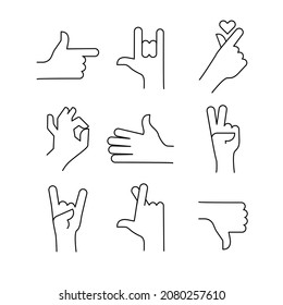 Set of hands showing different gestures. Palm pointing at something. Isolated vector illustration