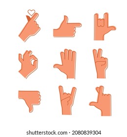 Set of hands showing different gestures. Palm pointing at something. Isolated vector illustration