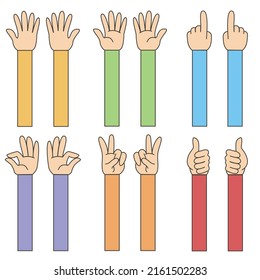 A set of hands showing different gestures. With colored sleeves. Isolated flat vector drawing