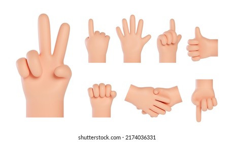 Set with hands showing different gestures. High quality 3D hands gestures. Friendly funny cartoon style isolated on white background.