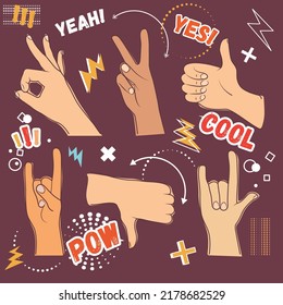 Set of hands showing different gestures isolated on a brown background. Vector flat illustration of female and male hands. vector icon illustration
