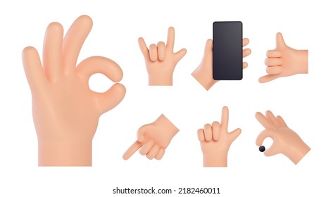 Set with hands showing different gestures. High quality 3D hands gestures. Friendly funny cartoon style isolated on white background.