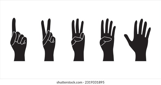 Set of hands showing different gestures silhouette human isolated on a white background. Vector flat illustration of count hands . Isolated flat vector illustration