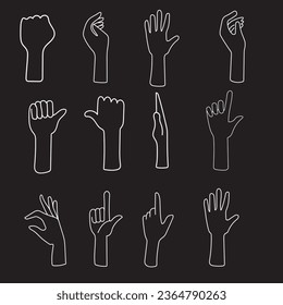 Conjunto de manos que muestran diferentes gestos. Palm apuntando a algo. Ilustración vectorial plana aislada