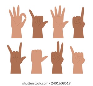 Conjunto de manos que muestran diferentes gestos para la ilustración del concepto del lenguaje de signos