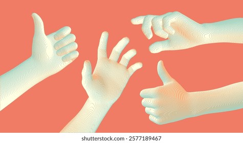 Set of hands showing different gestures. Thumbs up symbol. Hand show like or good. Extended hand open and ready to help. Human arm giving. 3D vector for brochure, poster, flyer, web or presentation.