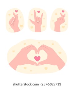 Set of Hands Showing Different Love Gestures with Mini Hearts for Sign Language and Valentine's Day Concept Illustration