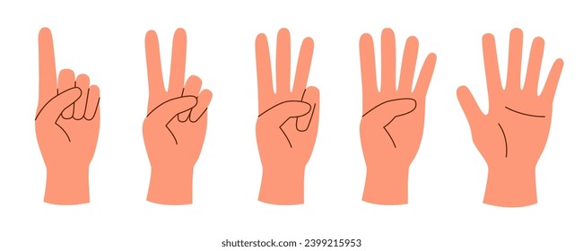Set of hands showing different numbers of fingers, isolated on a white background. 