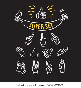 Set of  hands showing different signs such as pointing, like, dislike, victory, holding labels. Hand drawn brush vector cartoon illustration for your design.