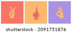 Set of hands showing fingers various gestures, count, victory icon, sign okay and index finger up. Hand drawn vector illustration isolated on colorful background. Modern trendy flat cartoon style.