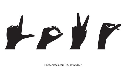 Set of hands showing gesture shadows forming love lettering isolated on white background. Flat vector illustration of  silhouette female hand . Isolated flat vector illustration