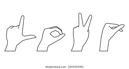 Conjunto de manos que muestran gestos formando letras de amor aisladas en fondo blanco. Ilustración vectorial plana de mano femenina. Ilustración vectorial plana aislada
